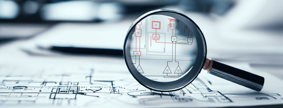 A schematic drawing with a magnifying glass examining one area