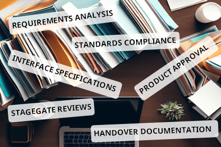 A image of folders on a desk with labels of various activities (requirements analysis, Standards compliance, Product approval, Stagegate reviews, handover documentation)
